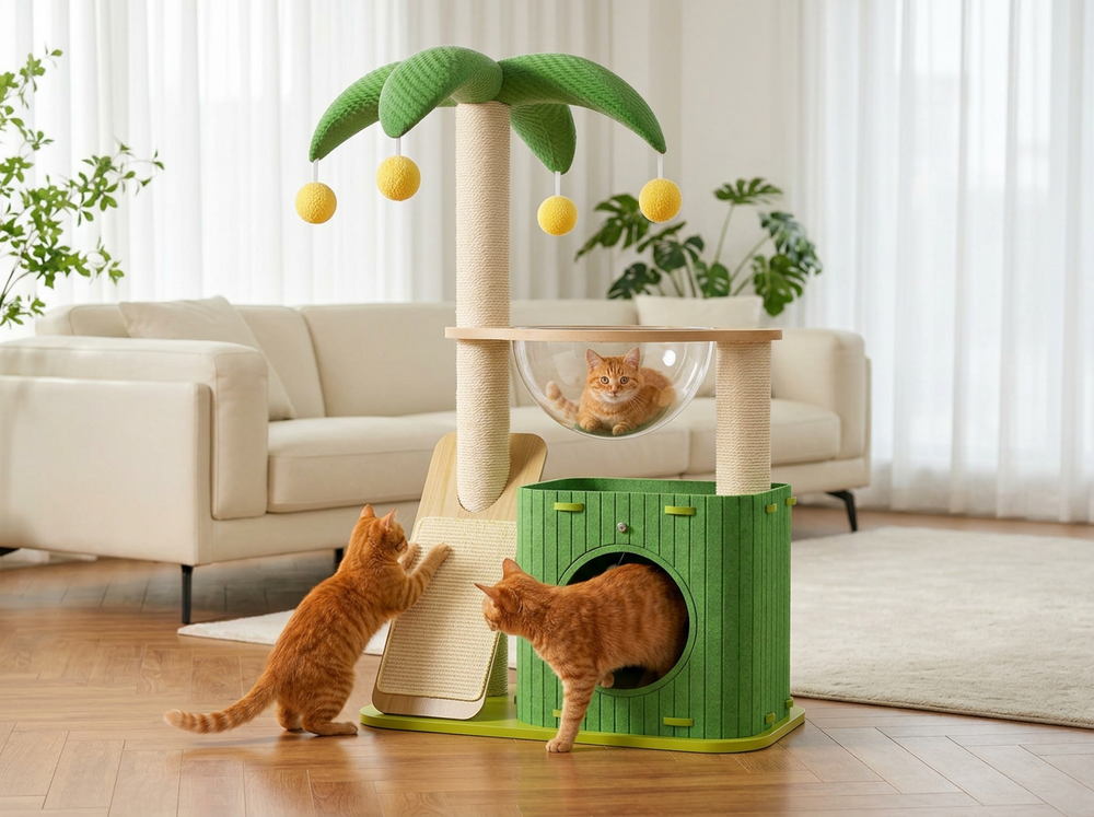 Multiple cats scratching, climbing and resting on a green multi-level cat tree with capsule bed and enclosed house.