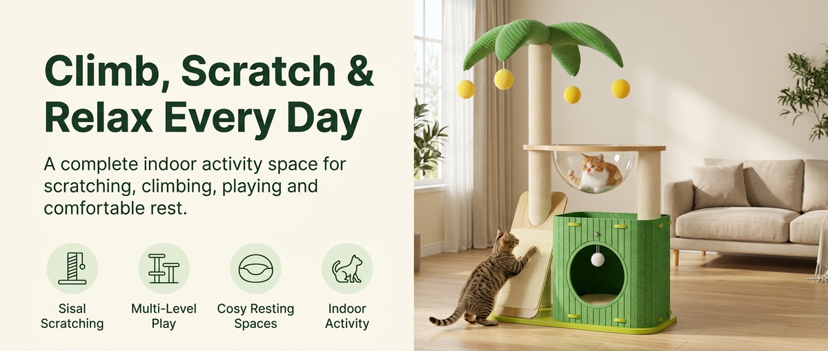  Green multi-level wooden cat tree with sisal scratching posts, transparent capsule, enclosed cat house, scratching ramp and hanging toys with cats in a modern living room.
