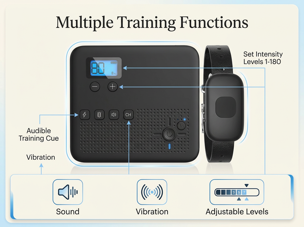Dog training system with sound, vibration and adjustable training correction functions.