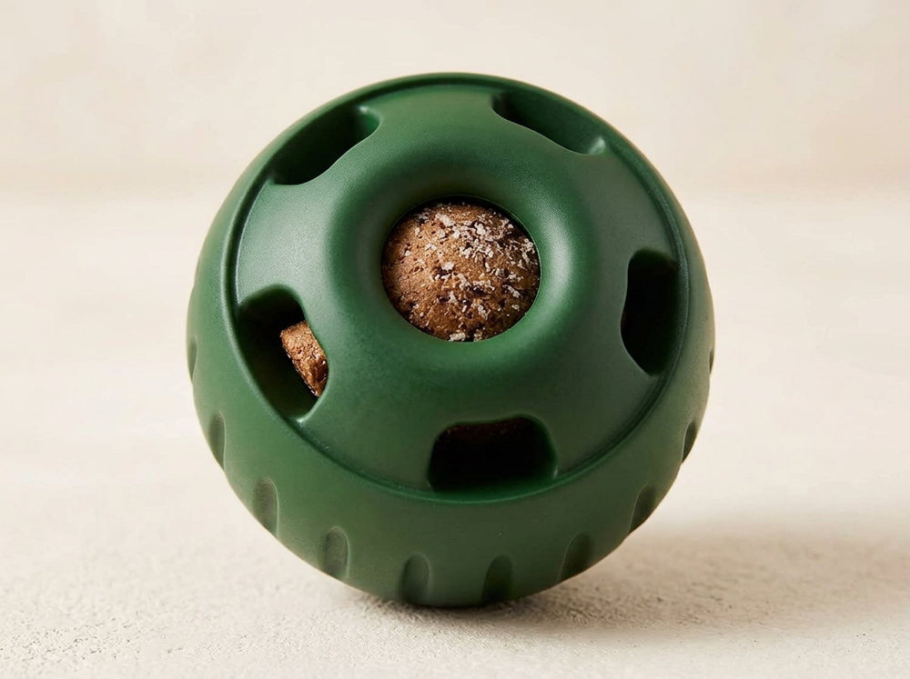 Close-up of dark green dog treat ball showing large centre opening and multiple side access openings