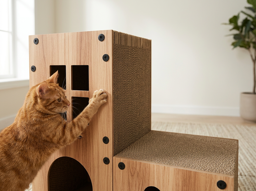  Cat using the textured scratching areas on a wooden-look cardboard cat house