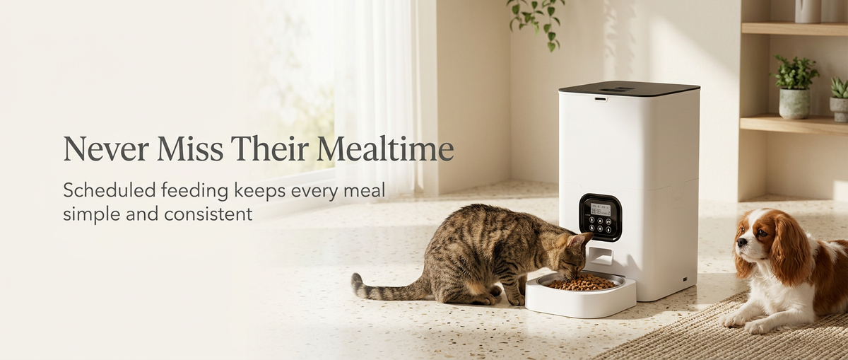 Cat eating from a white programmable automatic pet feeder in a modern home