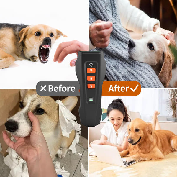 Handheld ultrasonic anti-barking device designed as an alternative to dog bark collars