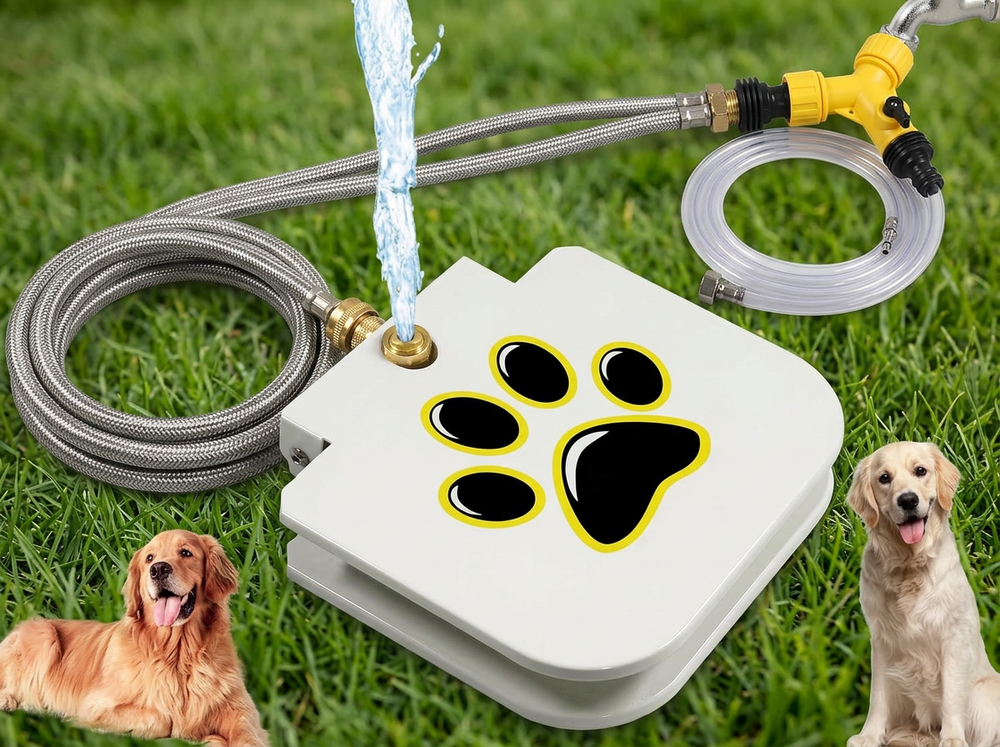 Pedal activated dog water fountain providing fresh water on demand outdoors
