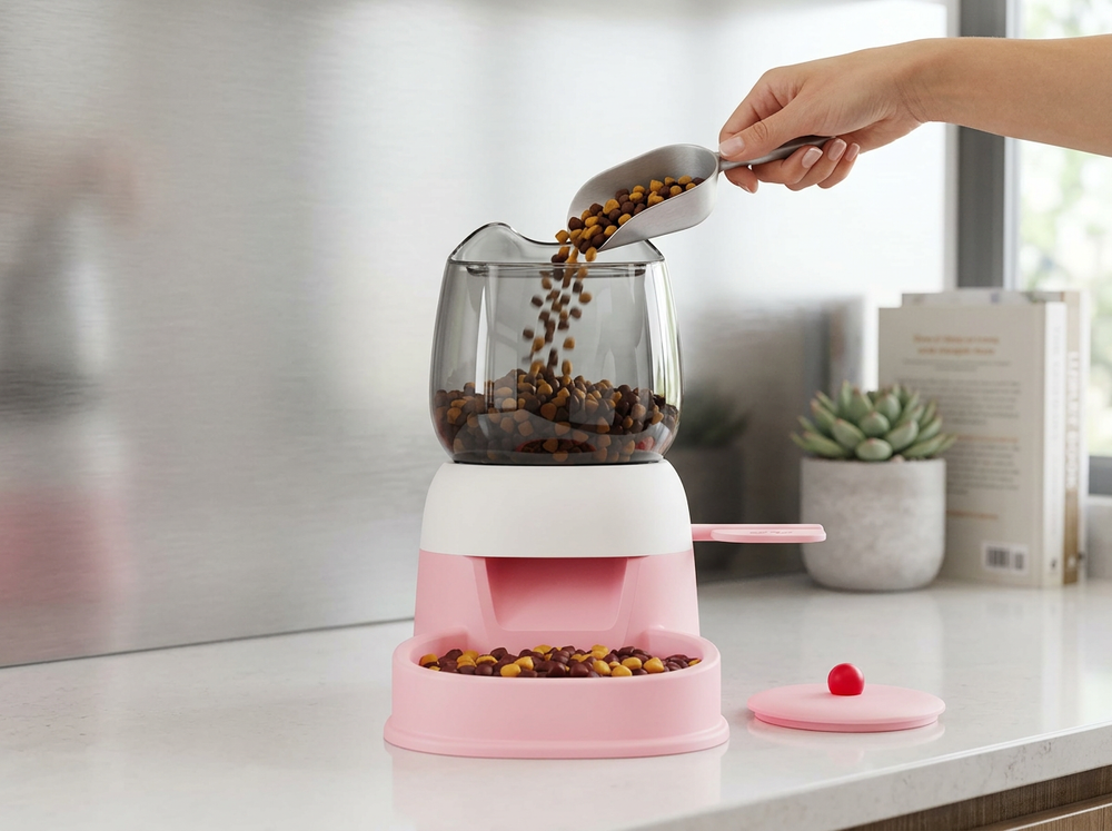 Hand opening the top lid of the pet food feeder before filling