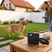 A black electronic pet training device with a small blue display sits on a wooden table in a backyard, next to a dog collar. A golden retriever is running in the grass, and a woman is standing in the background holding a remote.

