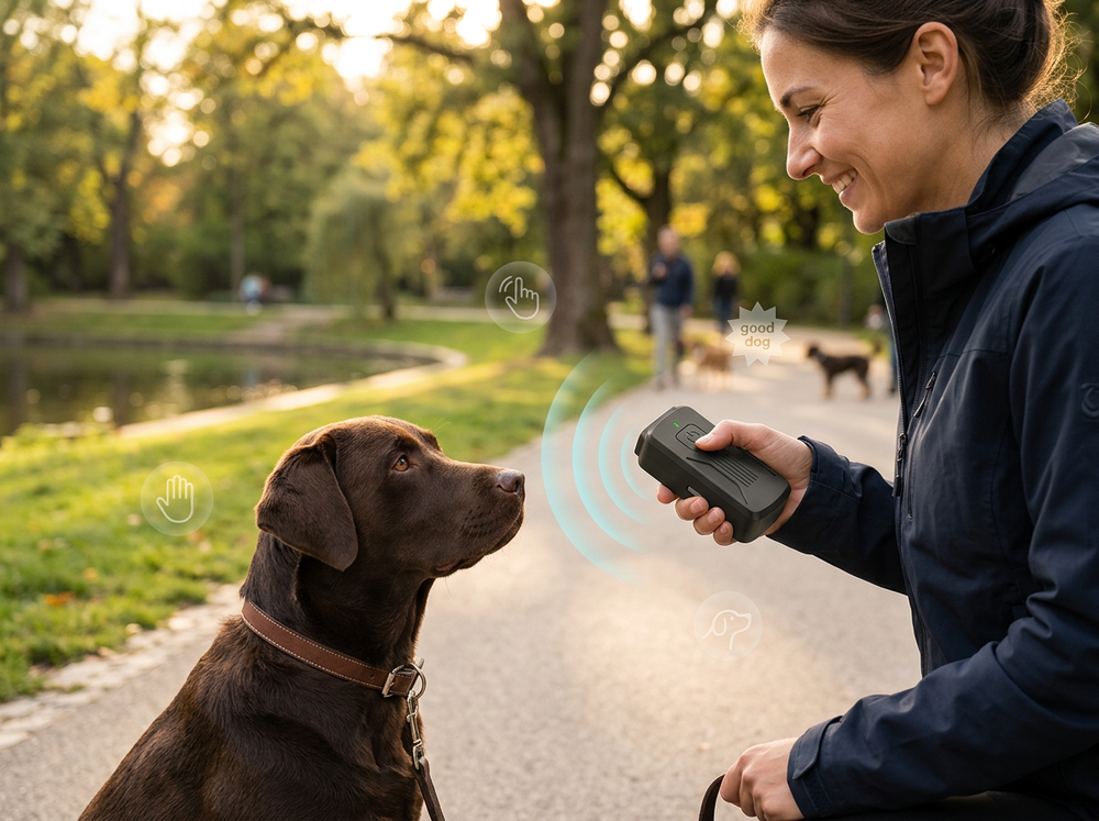

Portable ultrasonic dog repeller for outdoor training.