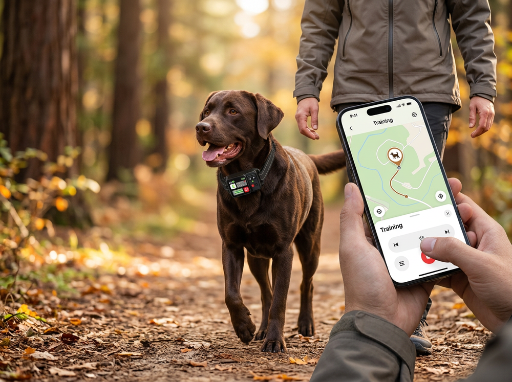 Dog wearing GPS training collar outdoors