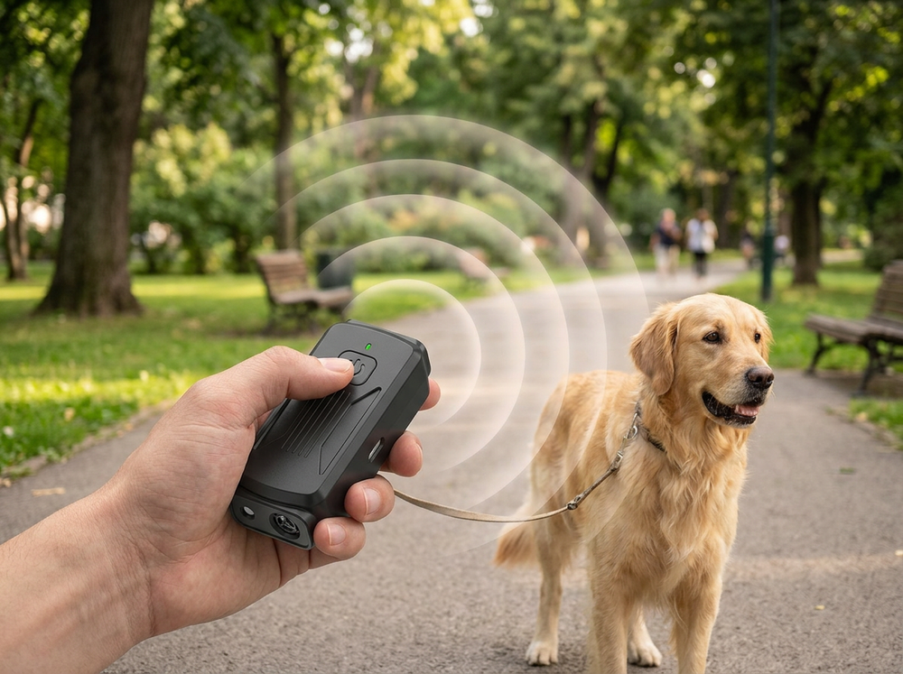

Dog training with portable ultrasonic bark deterrent outdoors.