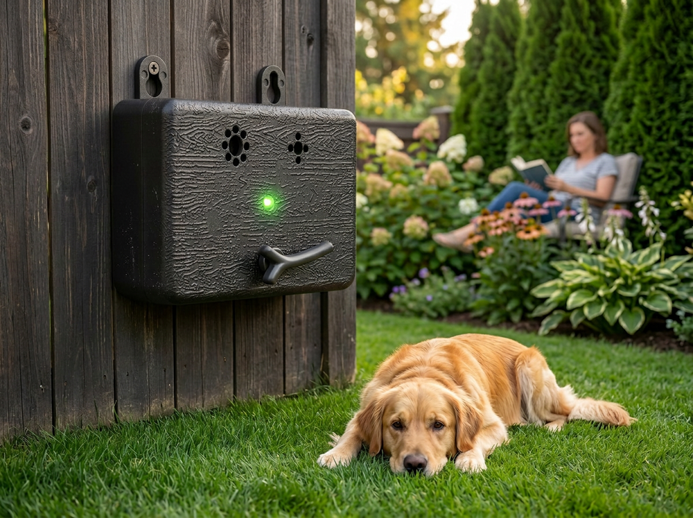 
 Wall mounted Bark Box ultrasonic anti barking device for outdoor use.