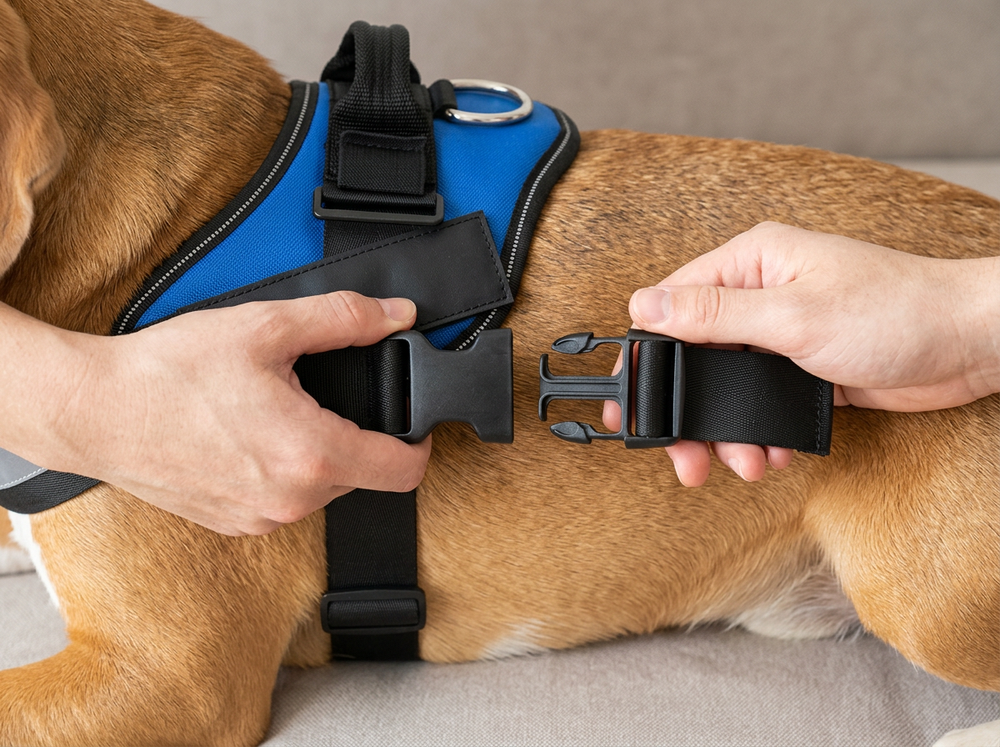 close up of blue and black padded dog harness showing comfortable construction