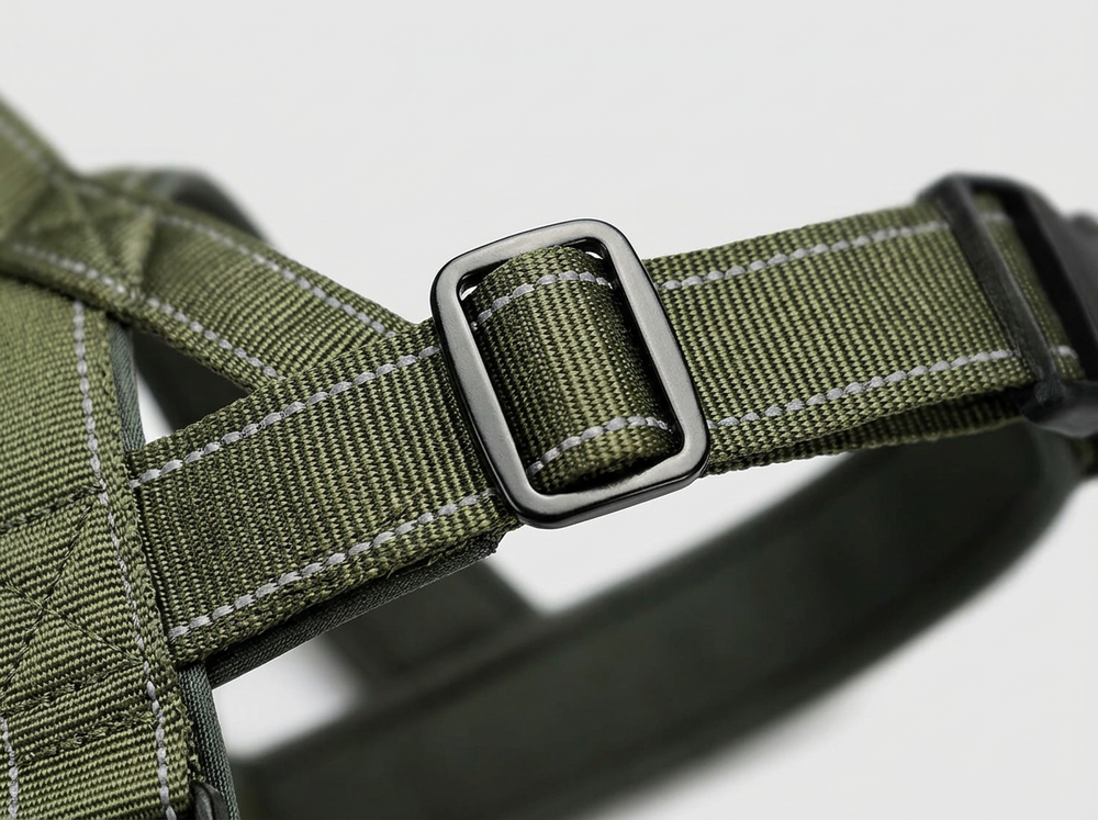 Soft padded inner section of a khaki adjustable dog walking harness