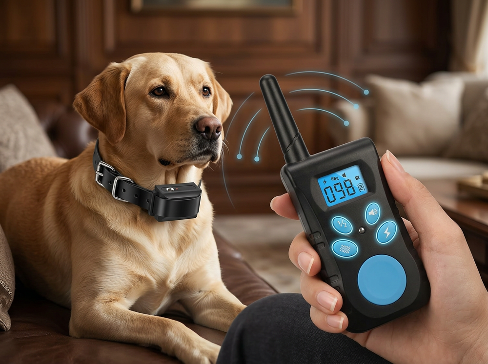 

Owner connecting remote control with anti-bark collar