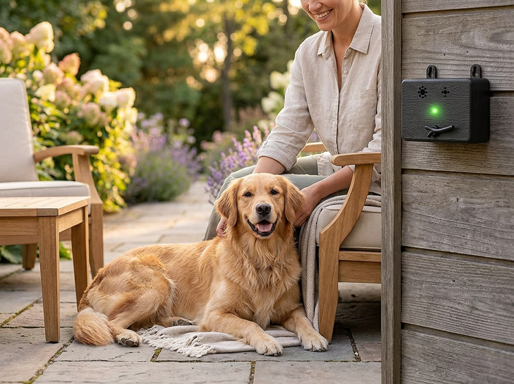  Calm dog relaxing after using Bark Box anti barking device.