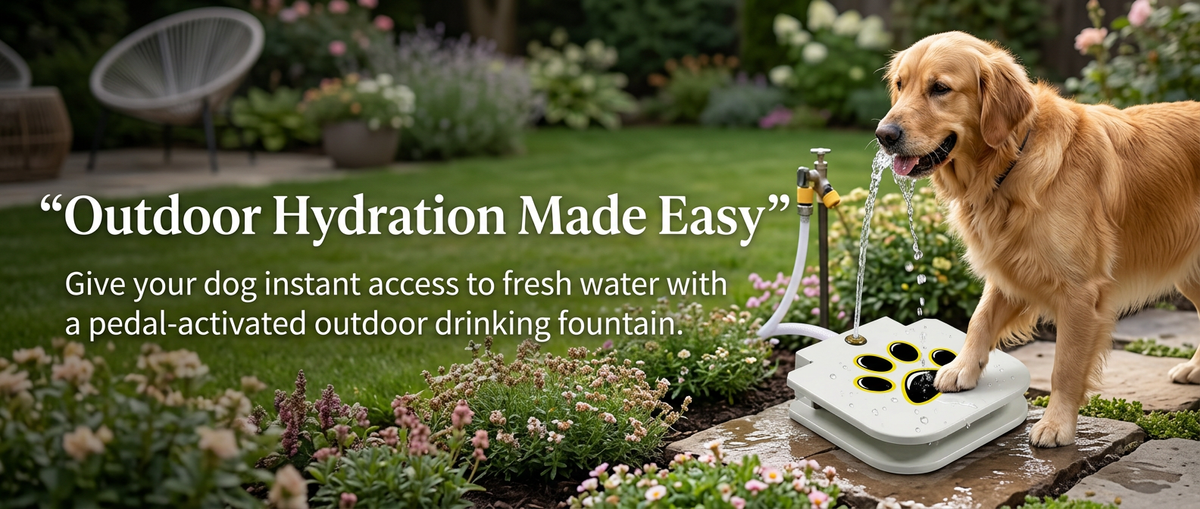 Pedal activated outdoor dog water fountain in garden