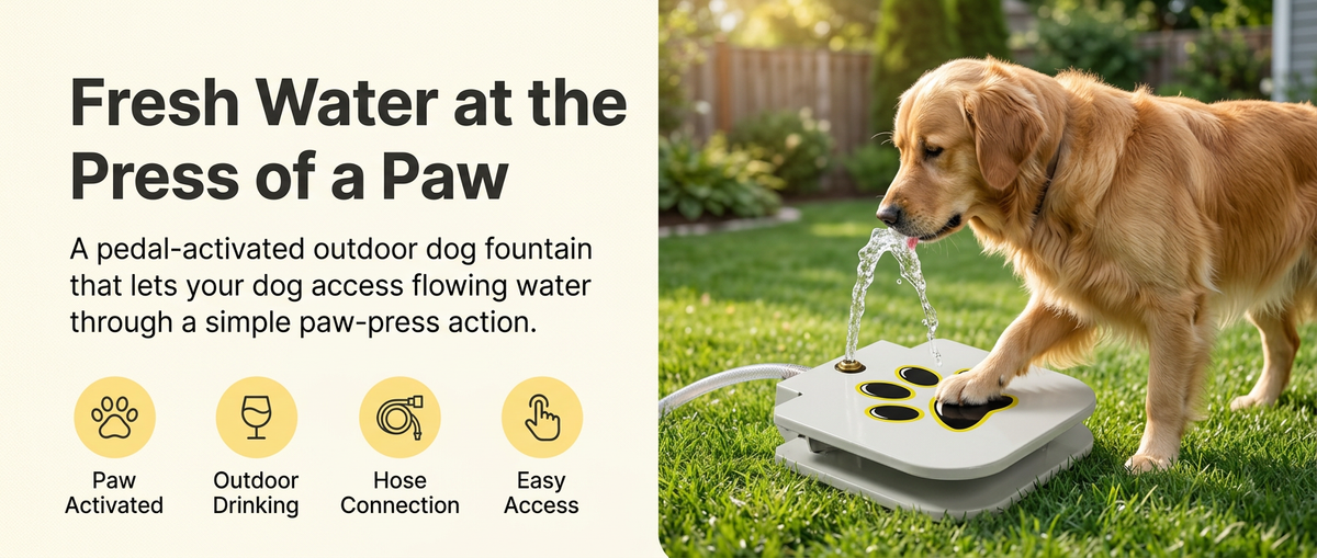 Golden retriever pressing a white paw-print pedal dog water fountain connected to a garden hose outdoors