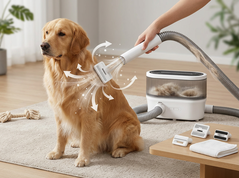 

Dog grooming vacuum kit with trimming tools included.