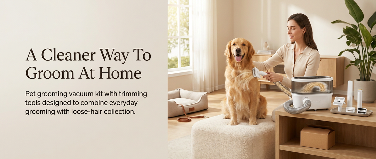 Dog being groomed with pet grooming vacuum kit in modern home