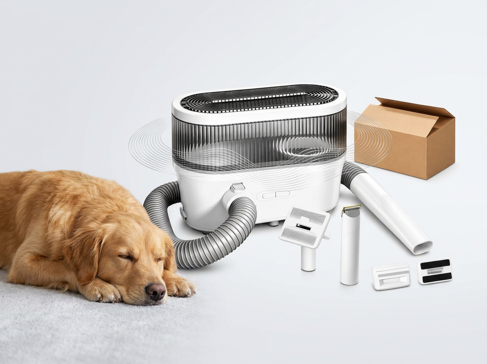 

Dog grooming vacuum collecting loose hair during brushing.