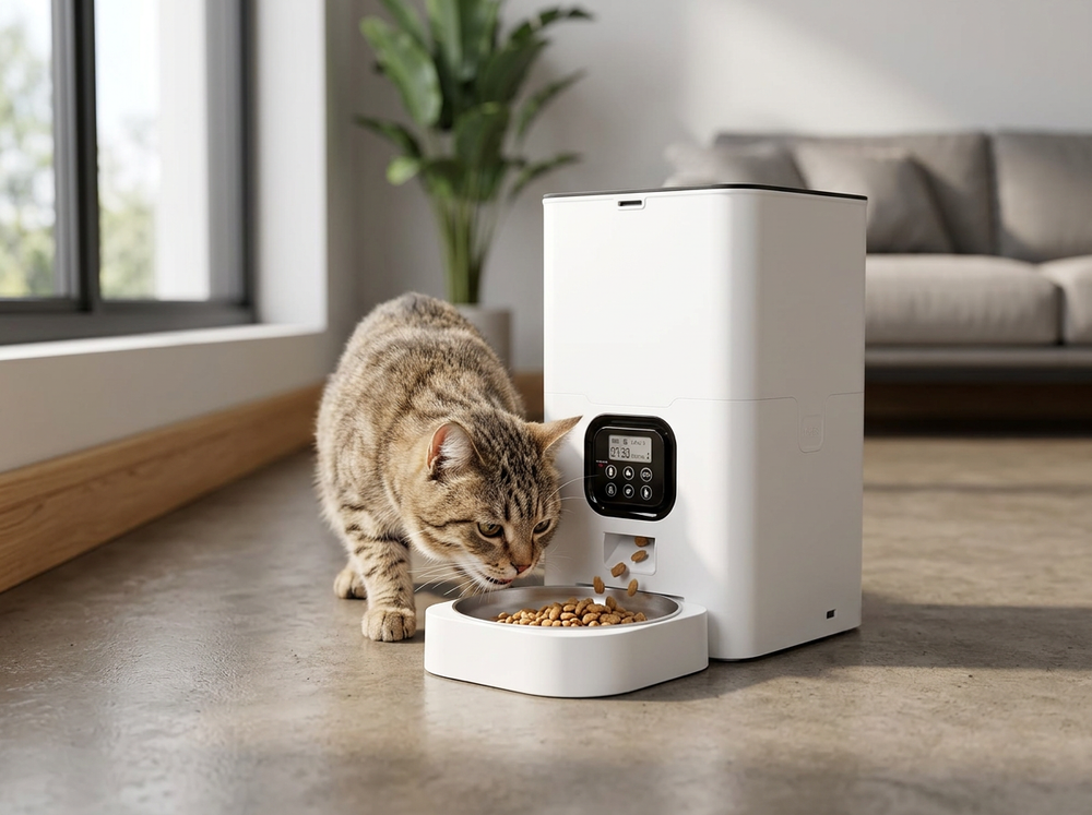 Cat eating from automatic food dispenser