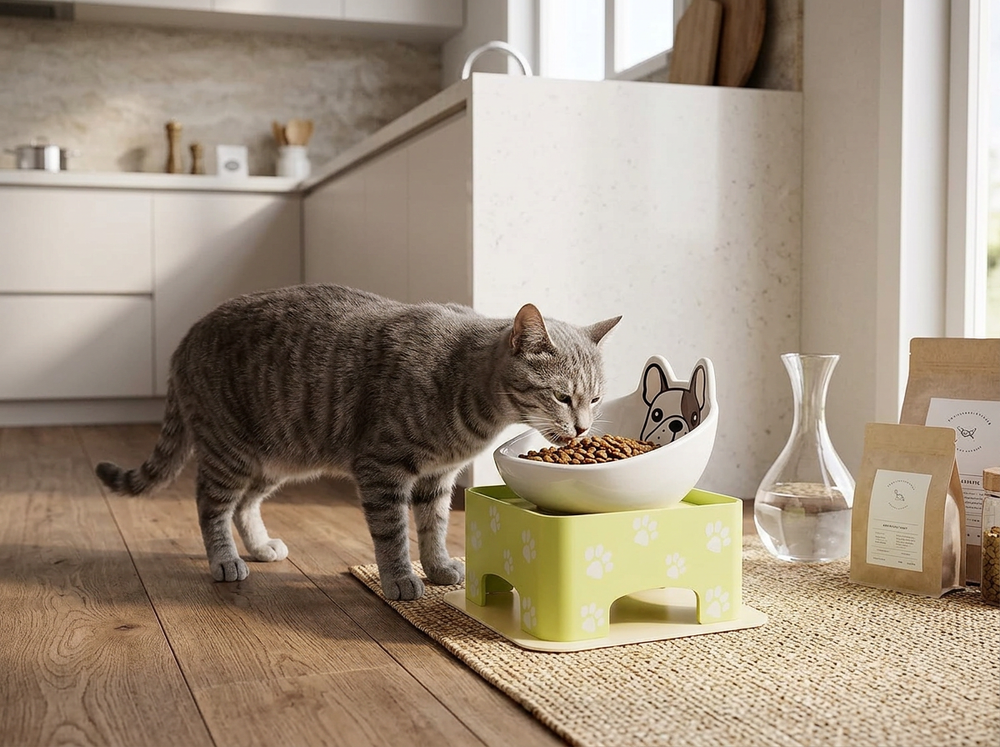 Dog and cat eating from raised ceramic feeder