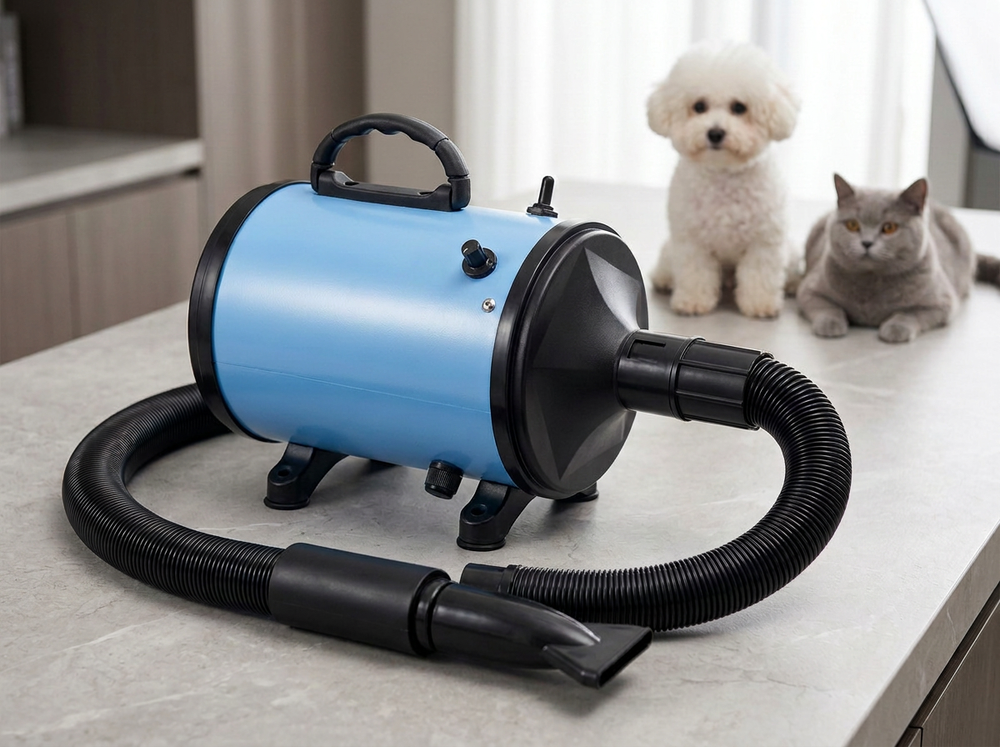  Hand adjusting the controls on a blue pet hair dryer blower before drying a dog