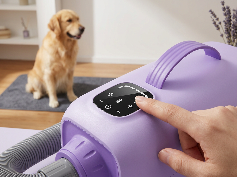  Hand operating the top digital control panel of a lavender pet hair dryer before grooming