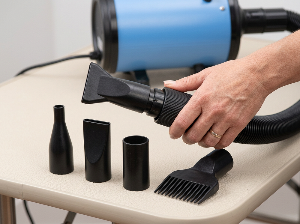  Hand attaching a black grooming nozzle to the flexible hose of a pet hair dryer blower