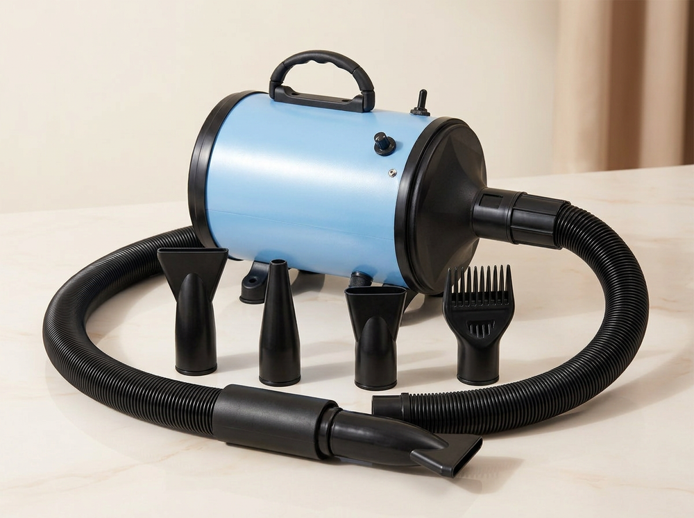  Blue pet hair dryer blower with flexible hose and multiple black interchangeable grooming nozzle attachments