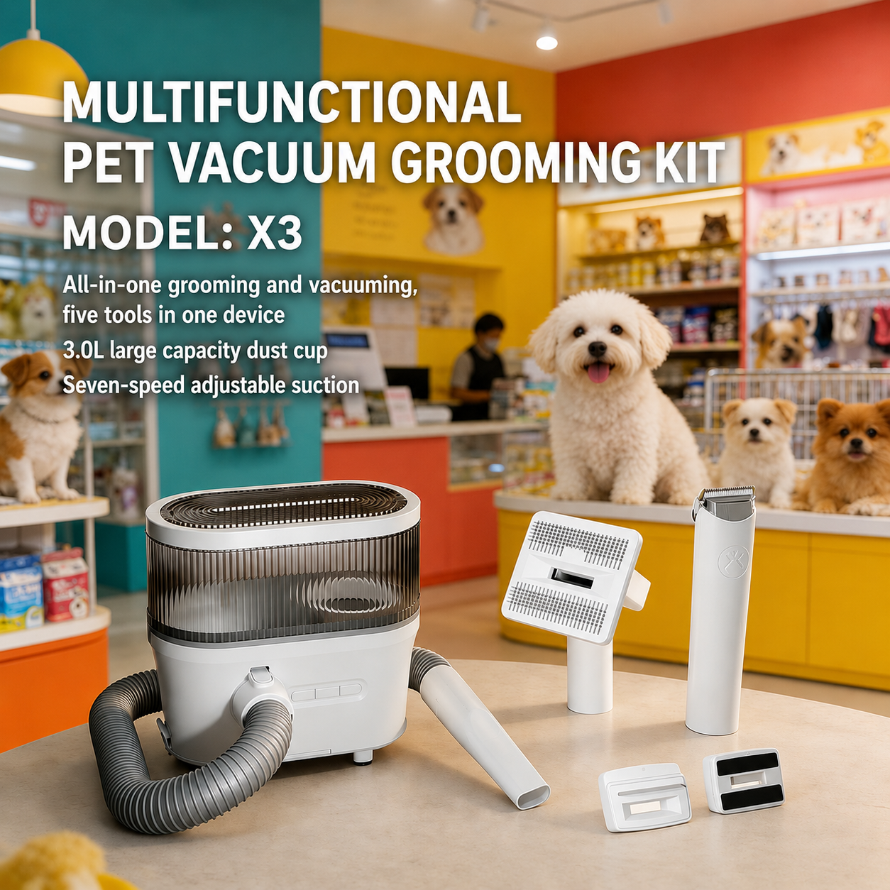 Pet grooming vacuum and dog grooming kit with trimming and grooming tools