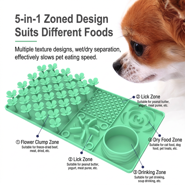 Pet slow food mat with textured surface for dogs and compatible pets