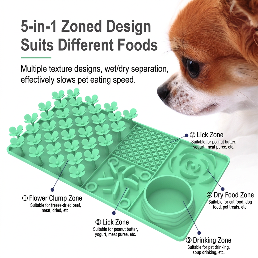 Pet slow food mat with textured surface for dogs and compatible pets