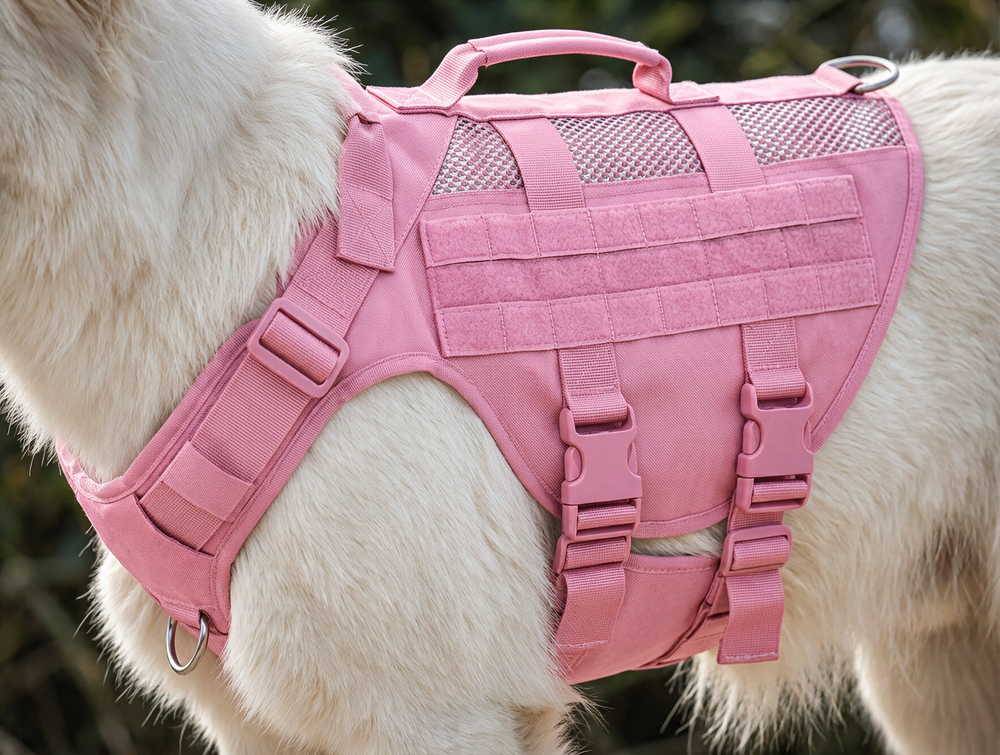Human hand holding the padded top handle of a pink tactical dog harness