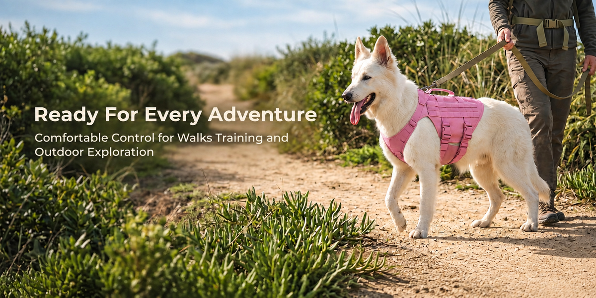 Dog wearing a pink tactical harness during an outdoor walk with adjustable straps, MOLLE webbing and padded handle