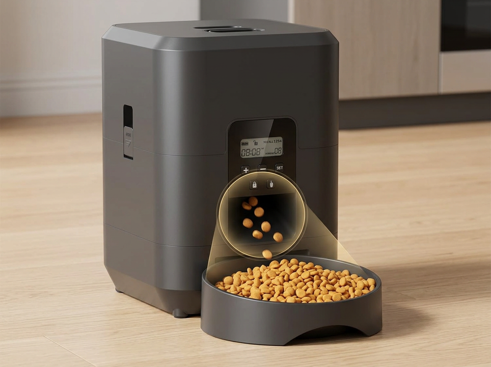 Feeding bowl placed under automatic dog food dispenser