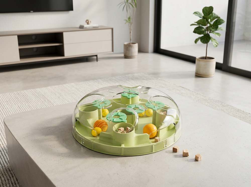 Interactive cat treat ball placed on indoor floor for play.