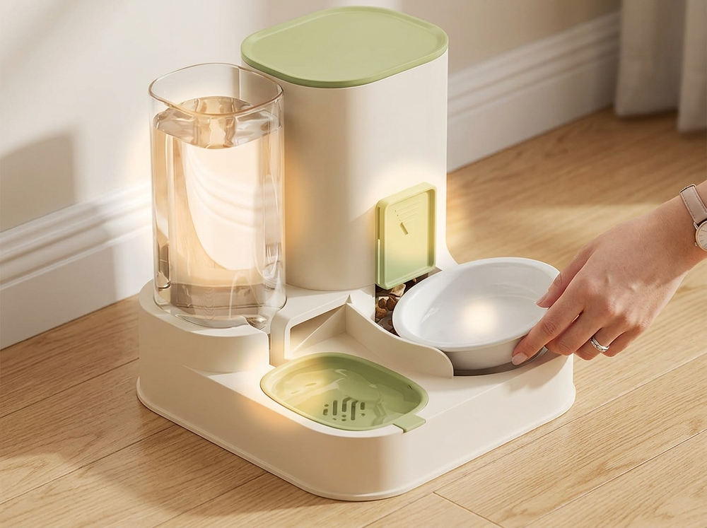 Ceramic bowl placed with automatic pet feeder