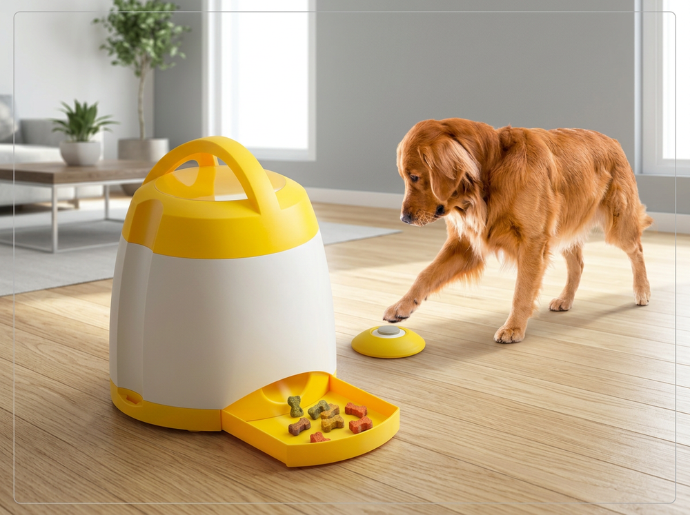 Dog treat dispenser placed in home training area.