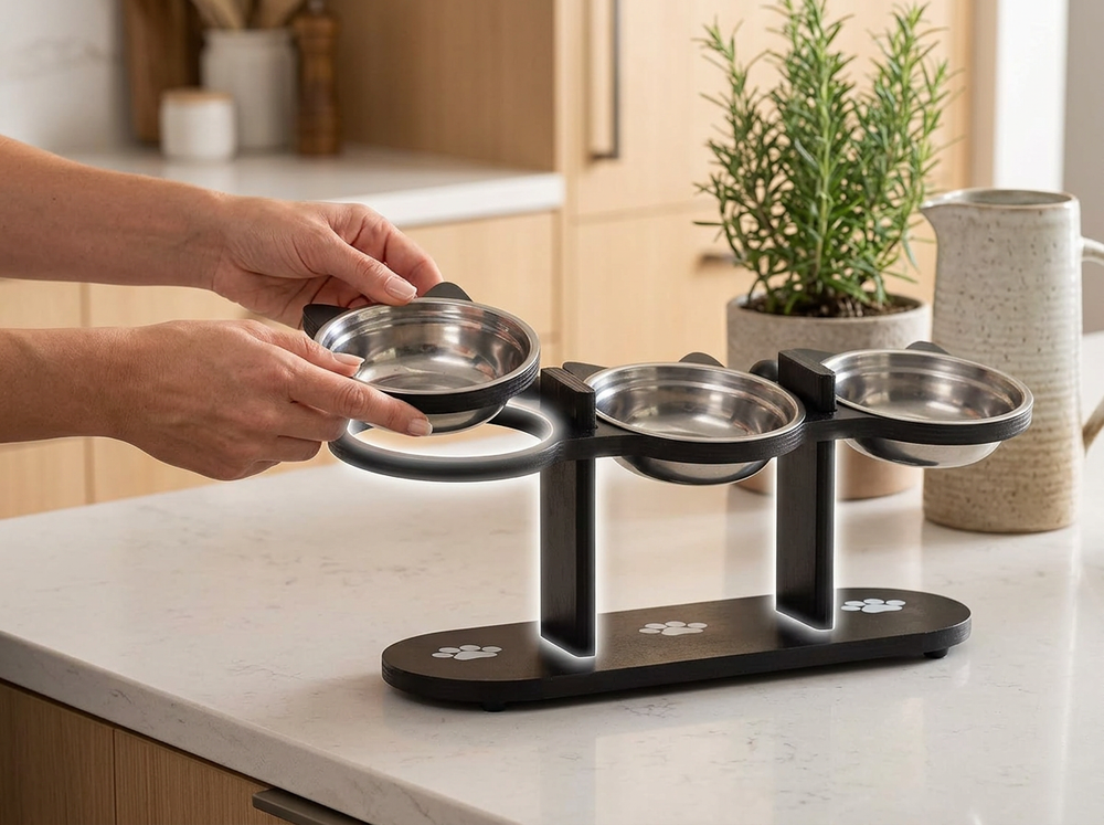 Placing bowl on elevated cat feeder stand