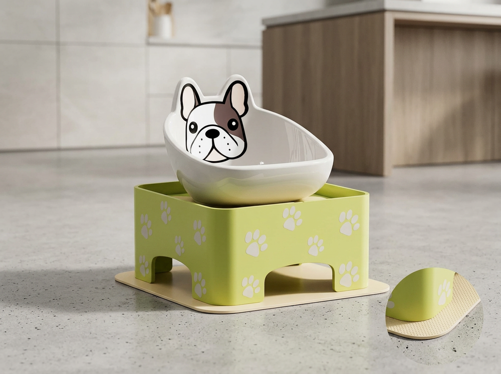 Raised pet feeder placed on stable indoor surface