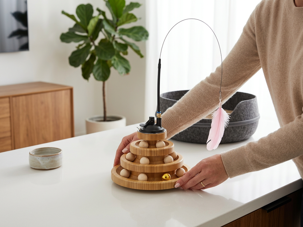 Owner placing wooden 3-tier cat activity toy on floor.