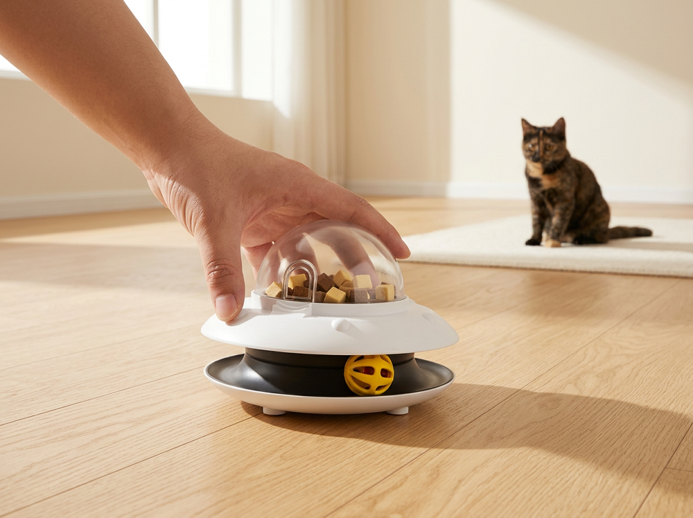 Automatic interactive cat treat dispenser being placed on a flat indoor floor ready for cat play