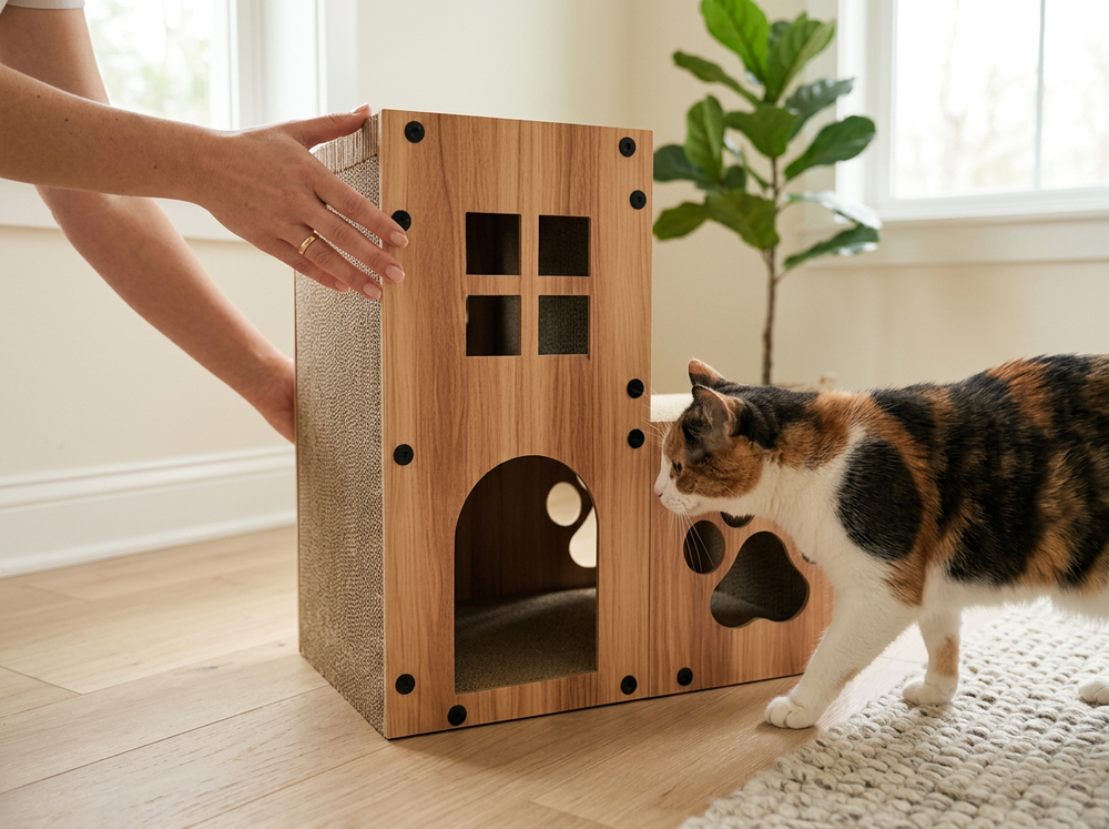  Two-level cardboard cat house being positioned on a flat indoor floor