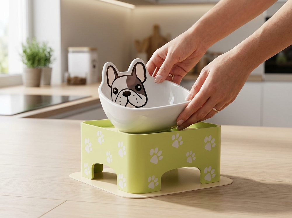 Ceramic pet bowl being placed securely into the green elevated feeder stand