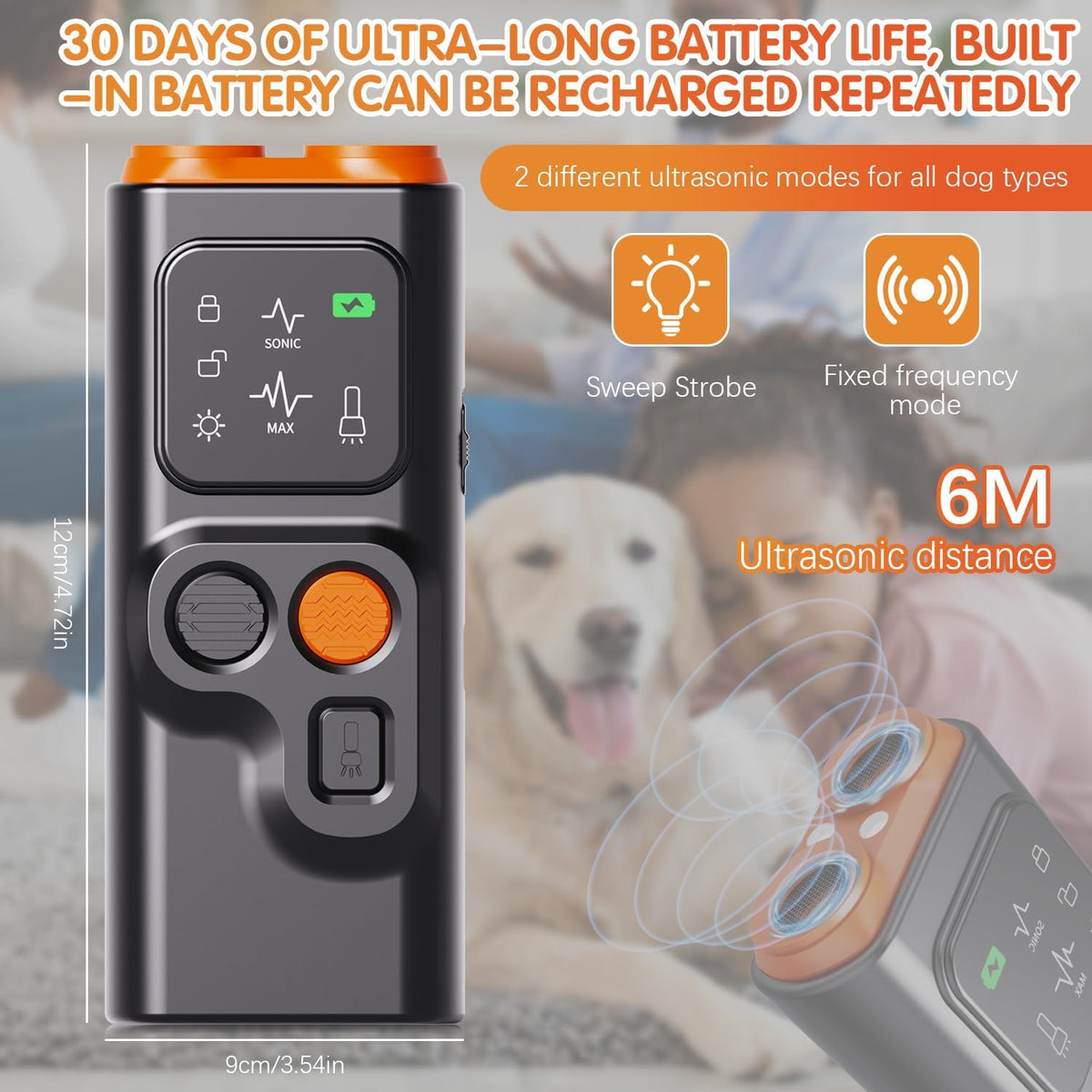 Handheld ultrasonic dog training device for indoor and outdoor behaviour training