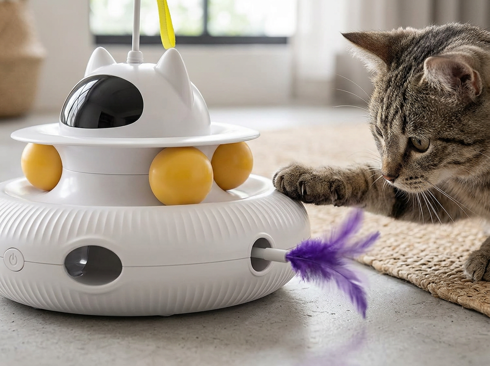  Indoor cat reaching toward the purple side feather on a 4-in-1 automatic interactive cat toy