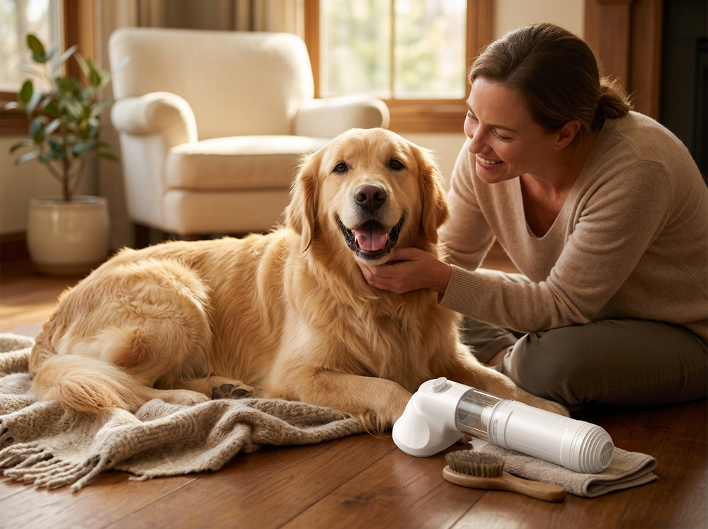 

Owner drying dog with portable blow dryer tool.