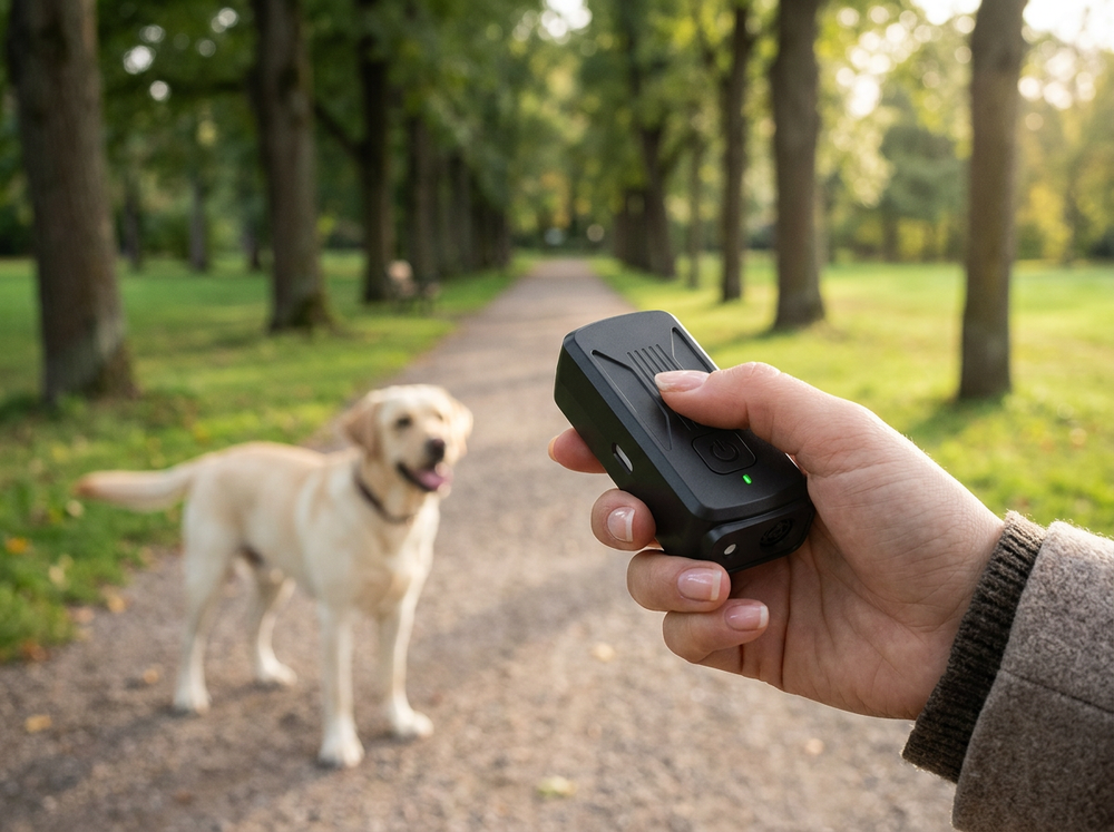 

Portable handheld ultrasonic dog training device.