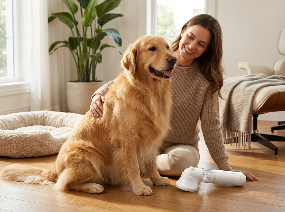 

Portable dog blow dryer tool for pet grooming.