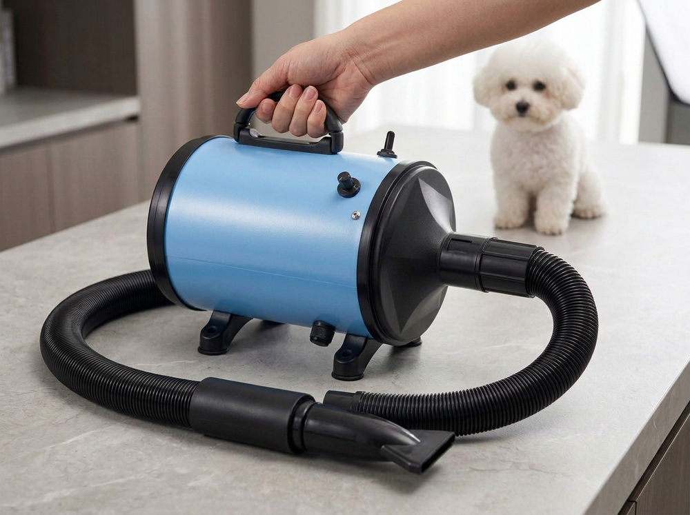  Pet owner carrying a blue cylindrical dog and cat hair dryer using its integrated top handl